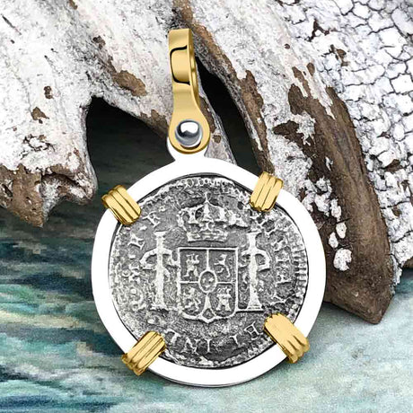 El Cazador Shipwreck 1783 1/2 Reale Piece of 8 14K Gold and Sterling Silver Pendant