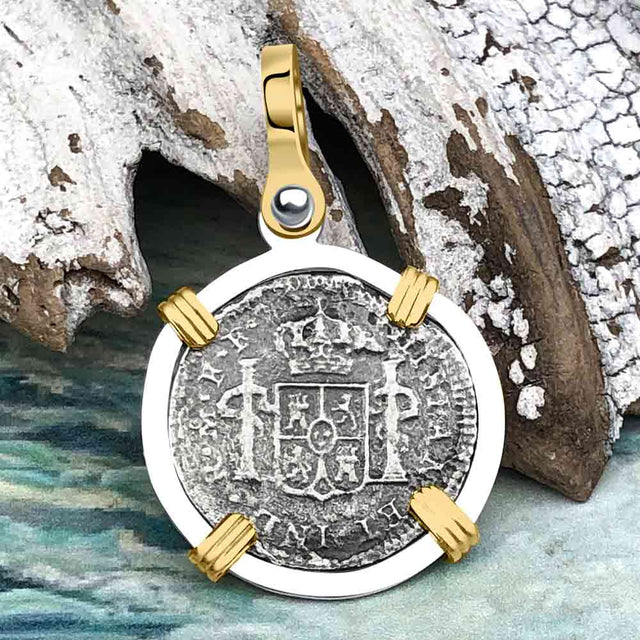 El Cazador Shipwreck 1783 1/2 Reale Piece of 8 14K Gold and Sterling Silver Pendant
