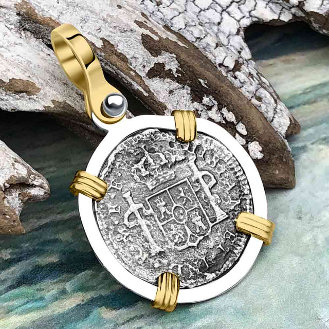El Cazador Shipwreck 1783 1/2 Reale Piece of 8 14K Gold and Sterling Silver Pendant