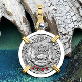 El Cazador Shipwreck 1735 RARE Pillar Dollar 1/2 Reale Piece of 8 14K Gold and Sterling Silver Pendant