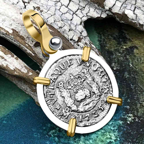 El Cazador Shipwreck 1735 RARE Pillar Dollar 1/2 Reale Piece of 8 14K Gold and Sterling Silver Pendant
