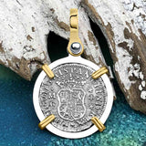 El Cazador Shipwreck 1735 RARE Pillar Dollar 1/2 Reale Piece of 8 14K Gold and Sterling Silver Pendant