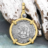 El Cazador Shipwreck 1738 RARE Pillar Dollar 1/2 Reale Piece of 8 14K Gold Pendant