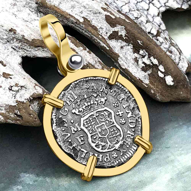 El Cazador Shipwreck 1738 RARE Pillar Dollar 1/2 Reale Piece of 8 14K Gold Pendant