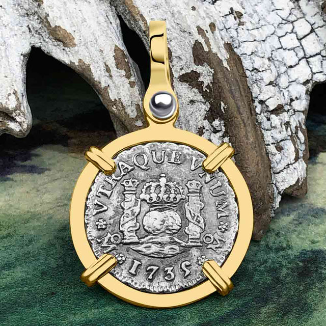 El Cazador Shipwreck 1735 RARE Pillar Dollar 1/2 Reale Piece of 8 14K Gold Pendant