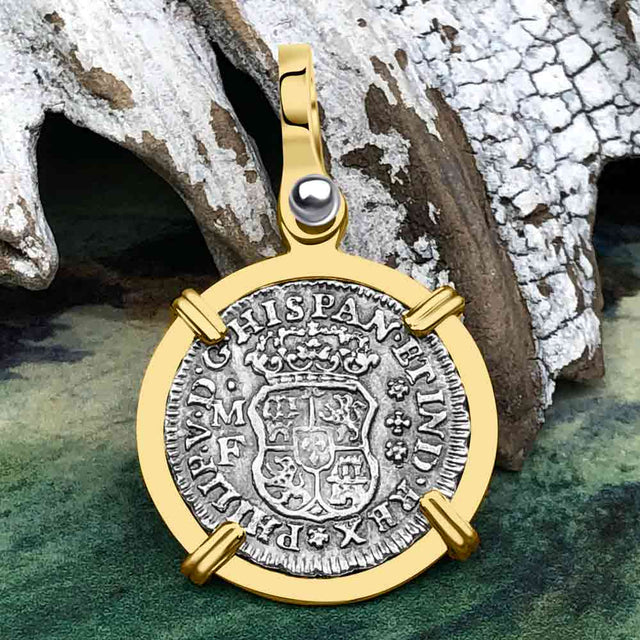 El Cazador Shipwreck 1735 RARE Pillar Dollar 1/2 Reale Piece of 8 14K Gold Pendant