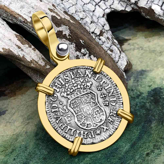 El Cazador Shipwreck 1735 RARE Pillar Dollar 1/2 Reale Piece of 8 14K Gold Pendant