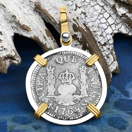 El Cazador Shipwreck 1768 RARE Pillar Dollar 1 Reale Piece of 8 14K Gold and Sterling Silver Pendant
