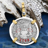 El Cazador Shipwreck 1768 RARE Pillar Dollar 1 Reale Piece of 8 14K Gold and Sterling Silver Pendant