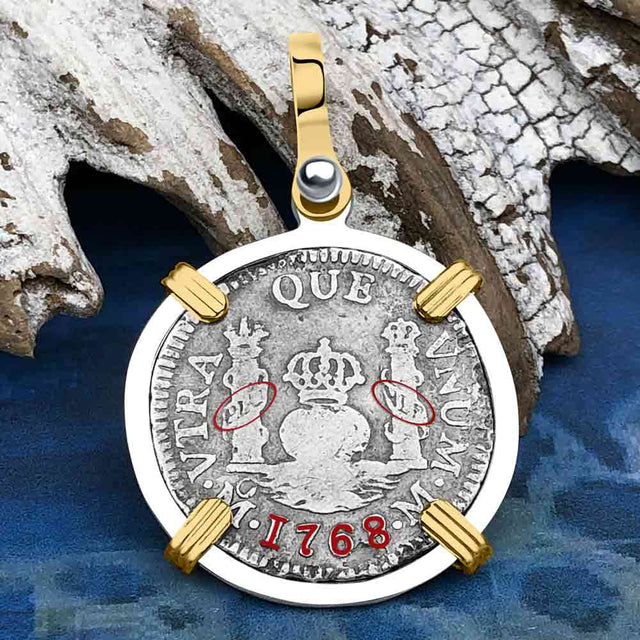 El Cazador Shipwreck 1768 RARE Pillar Dollar 1 Reale Piece of 8 14K Gold and Sterling Silver Pendant