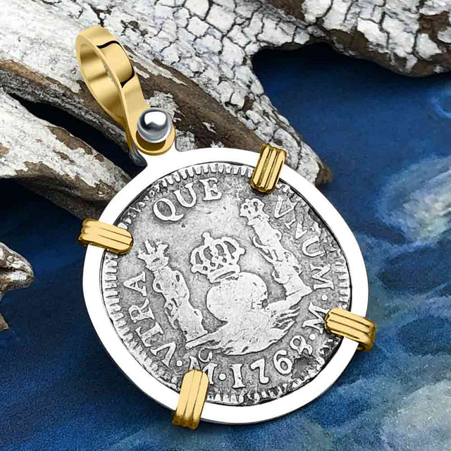 El Cazador Shipwreck 1768 RARE Pillar Dollar 1 Reale Piece of 8 14K Gold and Sterling Silver Pendant
