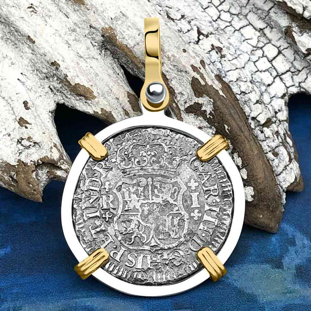 El Cazador Shipwreck 1768 RARE Pillar Dollar 1 Reale Piece of 8 14K Gold and Sterling Silver Pendant