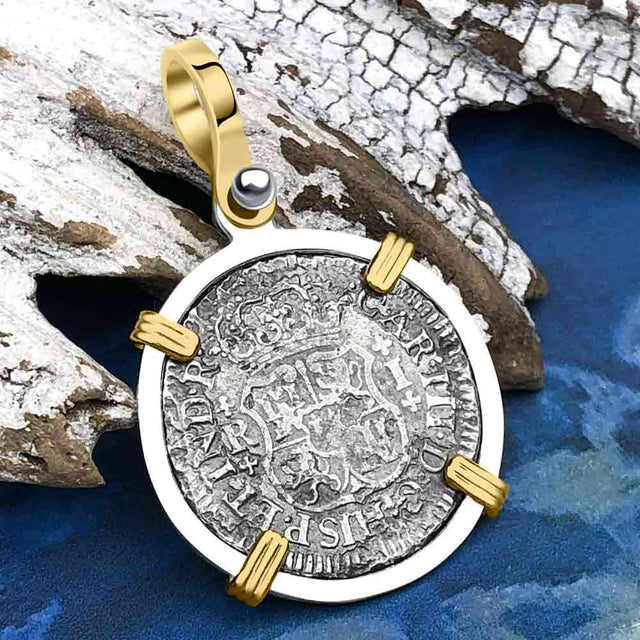 El Cazador Shipwreck 1768 RARE Pillar Dollar 1 Reale Piece of 8 14K Gold and Sterling Silver Pendant