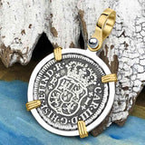 El Cazador Shipwreck 1763 RARE Pillar Dollar 1 Reale Piece of 8 14K Gold and Sterling Silver Pendant