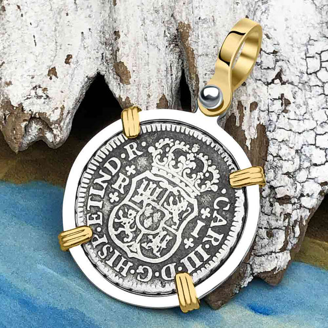 El Cazador Shipwreck 1763 RARE Pillar Dollar 1 Reale Piece of 8 14K Gold and Sterling Silver Pendant