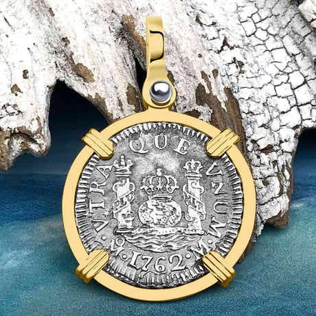 El Cazador Shipwreck 1762 RARE Pillar Dollar 1 Reale Piece of 8 14K Gold Pendant
