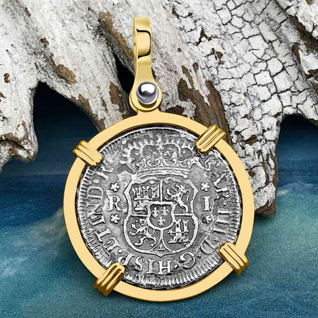 El Cazador Shipwreck 1762 RARE Pillar Dollar 1 Reale Piece of 8 14K Gold Pendant