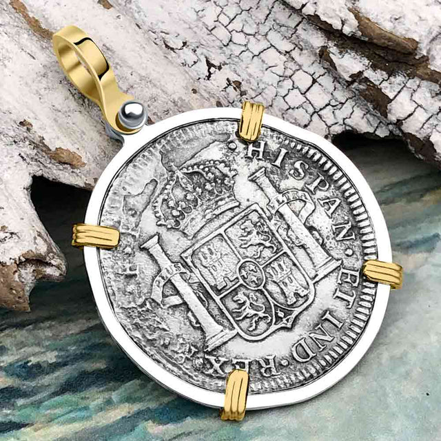 El Cazador Shipwreck 1783 2 Reale Piece of 8 14K Gold & Sterling Silver Pendant