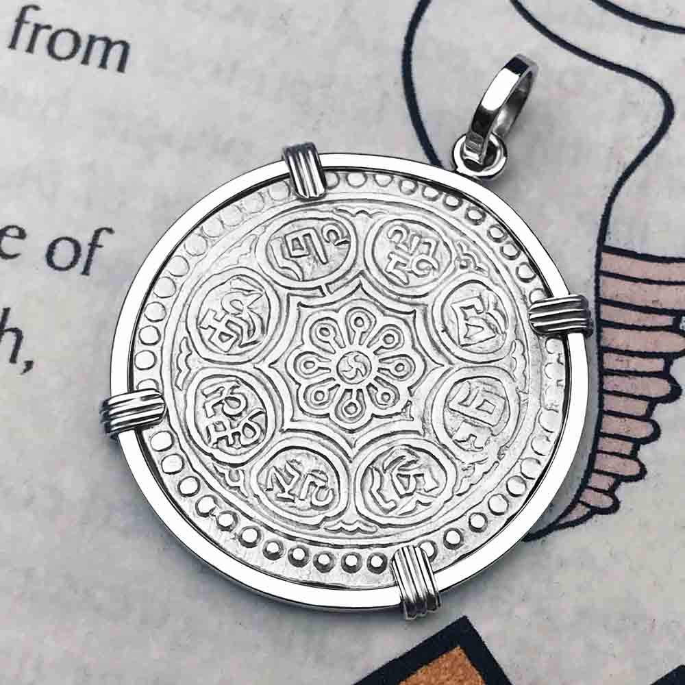 Tibet Ga-den Tanka a Lotus &amp; Buddha&#39;s Eight Paths to Enlightenment &amp; Good Fortune Mandala Sterling Silver Necklace