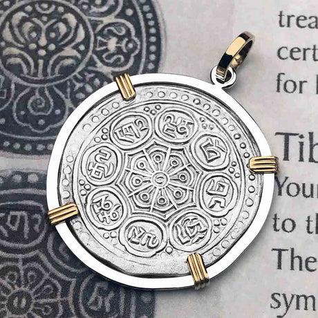Tibet Ga-den Tanka a Lotus & Buddha's Eight Paths to Enlightenment & Good Fortune Mandala 14K Gold & Sterling Silver Pendant