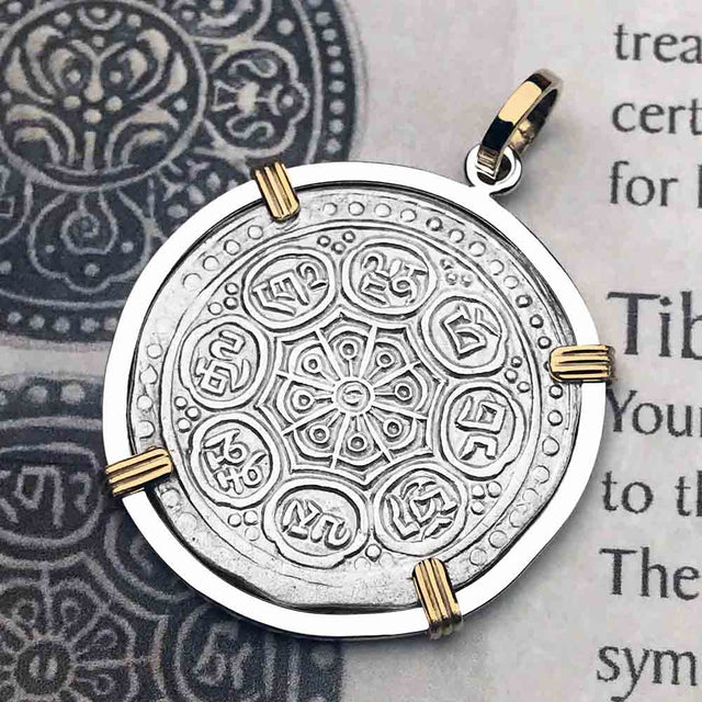 Tibet Ga-den Tanka a Lotus & Buddha's Eight Paths to Enlightenment & Good Fortune Mandala 14K Gold & Sterling Silver Necklace