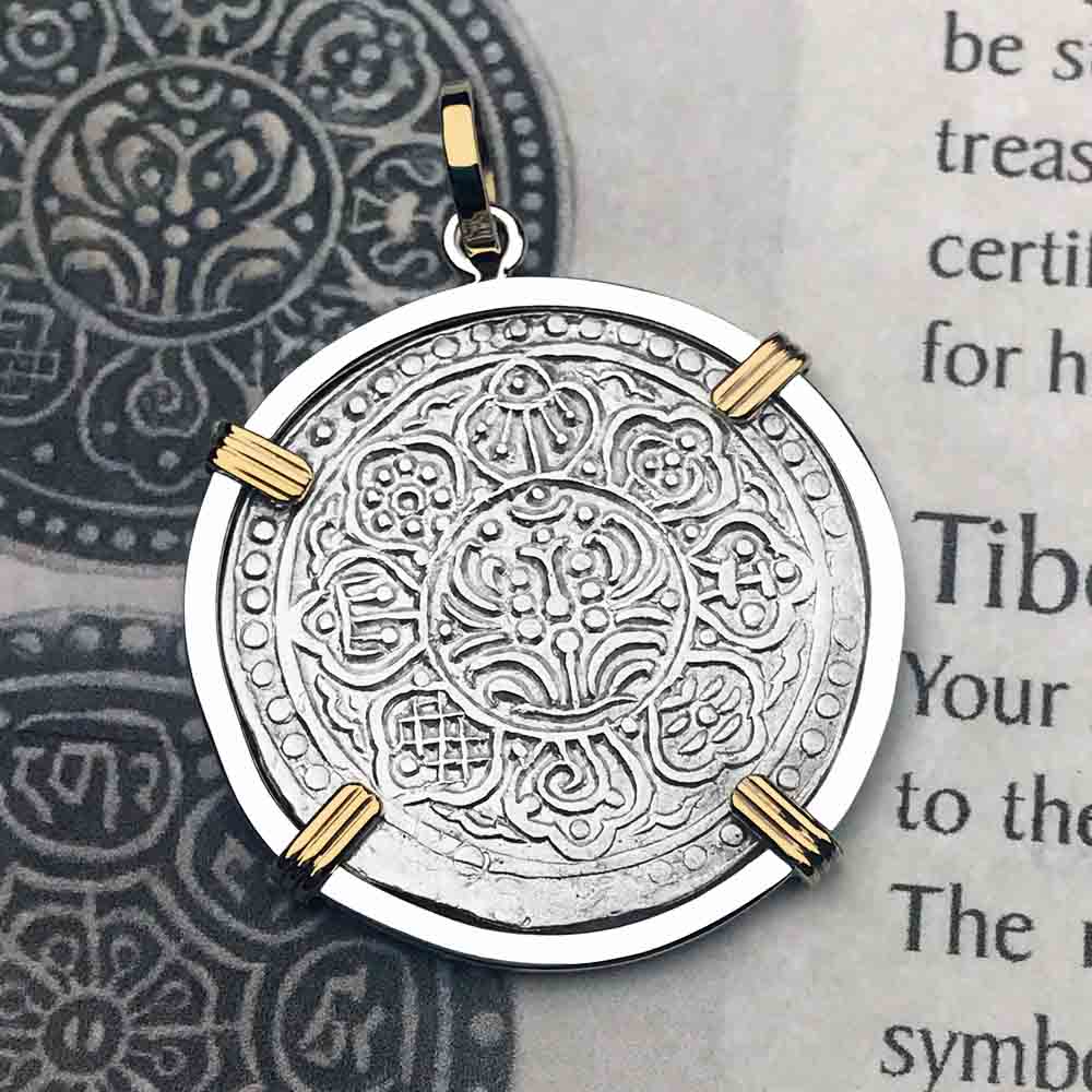Tibet Ga-den Tanka a Lotus &amp; Buddha&#39;s Eight Paths to Enlightenment &amp; Good Fortune Mandala 14K Gold &amp; Sterling Silver Necklace