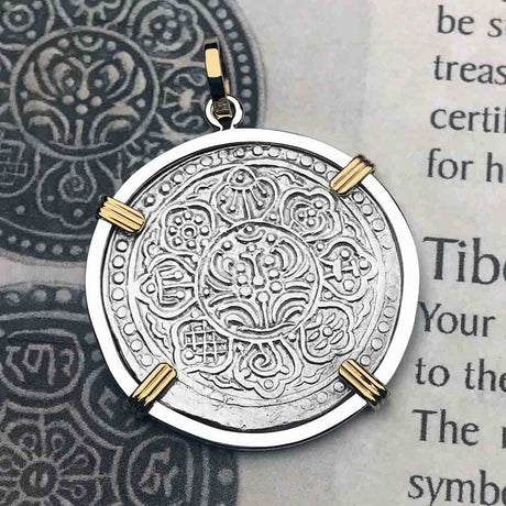 Tibet Ga-den Tanka a Lotus & Buddha's Eight Paths to Enlightenment & Good Fortune Mandala 14K Gold & Sterling Silver Pendant