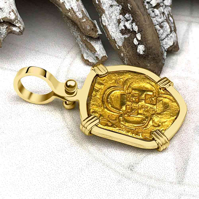 RARE Dated 1623 Pirate Era 22K Gold One Escudo - the Legendary Doubloon - 18K Gold Pendant