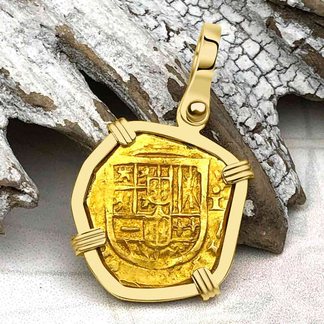 RARE Dated 1623 Pirate Era 22K Gold One Escudo - the Legendary Doubloon - 18K Gold Pendant