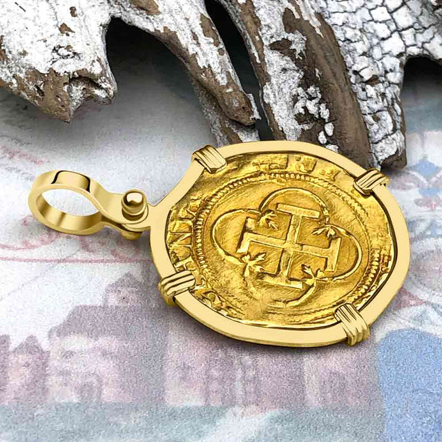 Pirate Era 1560 22K Gold One Escudo - the Legendary Doubloon - 18K Gold Pendant