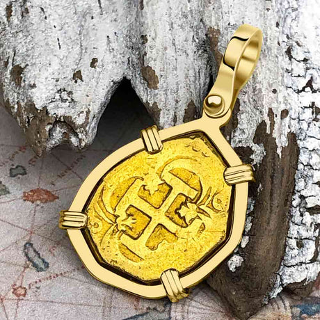 Pirate Era Circa 1598 22K Gold Two Escudo - the Legendary Doubloon - 18K Gold Pendant