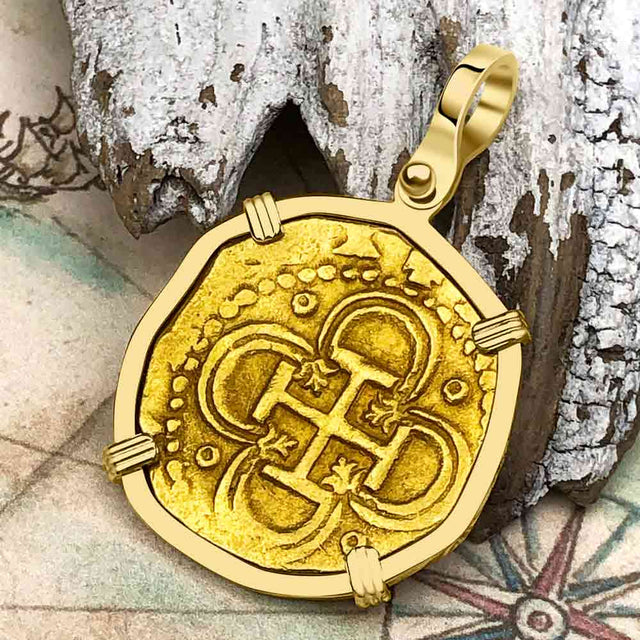 RARE DATED 1593 Pirate Era 22K Gold 2 Escudo - the Legendary Doubloon - 18K Gold Pendant