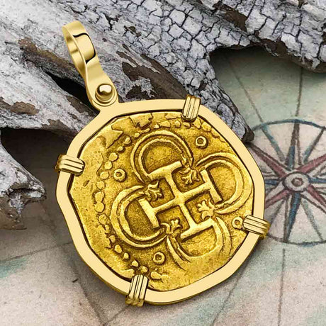 RARE DATED 1593 Pirate Era 22K Gold 2 Escudo - the Legendary Doubloon - 18K Gold Pendant