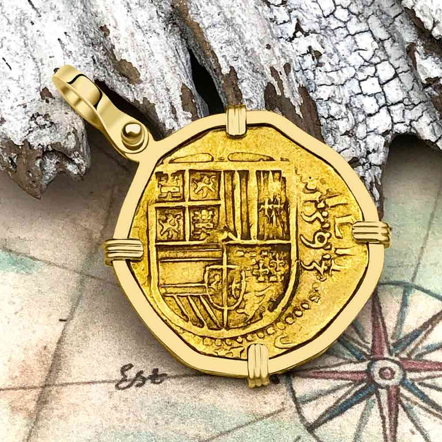 RARE DATED 1593 Pirate Era 22K Gold 2 Escudo - the Legendary Doubloon - 18K Gold Pendant