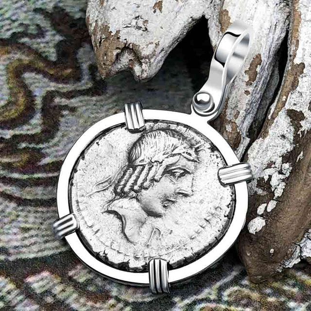 Roman Republic Silver Denarius 90 BC Apollo and the Horseman Coin 14K White Gold Pendant 