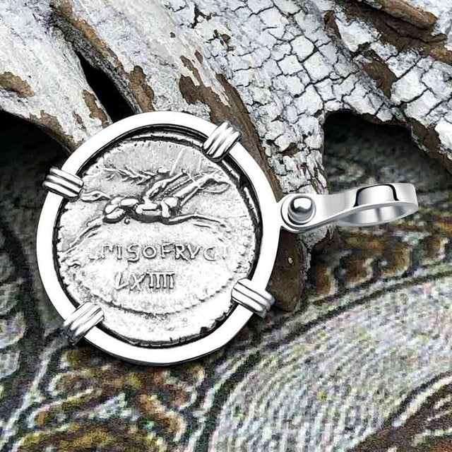 Roman Republic Silver Denarius 90 BC Apollo and the Horseman Coin 14K White Gold Pendant 