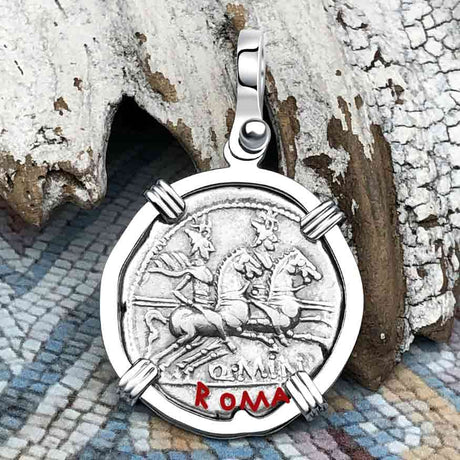 Roman Republic Silver Denarius 122 BC Roma & the Gemini Twins 14K White Gold Pendant 