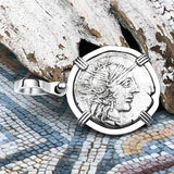 Roman Republic Silver Denarius 122 BC Roma & the Gemini Twins 14K White Gold Pendant 