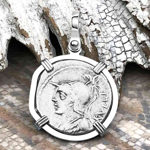 Roman Republic Silver Denarius 100 BC Mars and Victory 14K White Gold Pendant