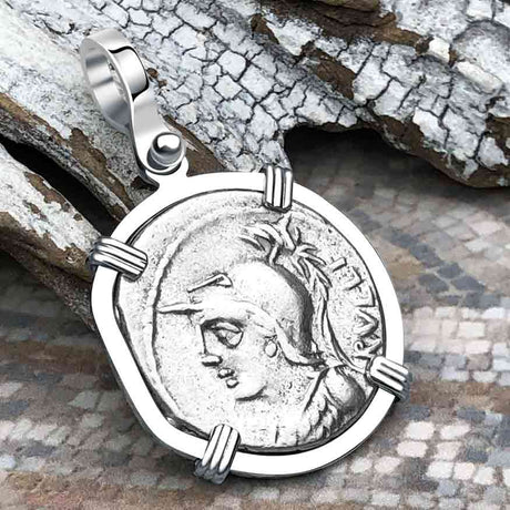Roman Republic Silver Denarius 100 BC Mars and Victory 14K White Gold Pendant