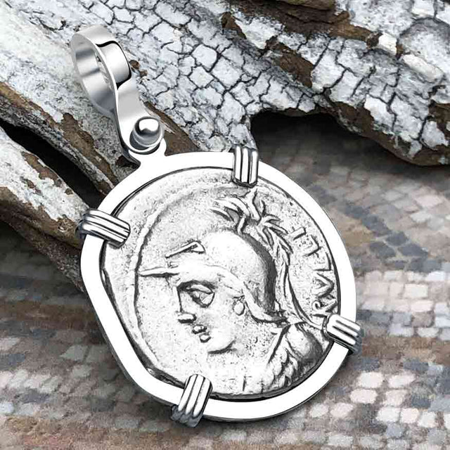 Roman Republic Silver Denarius 100 BC Mars and Victory 14K White Gold Pendant