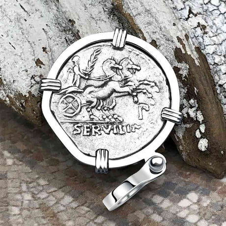 Roman Republic Silver Denarius 100 BC Mars and Victory 14K White Gold Pendant