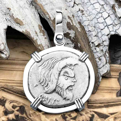 Roman Republic Silver Denarius 48 BC Pan and Jupiter 14K White Gold Pendant 