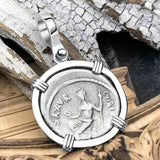 Roman Republic Silver Denarius 48 BC Pan and Jupiter 14K White Gold Pendant 