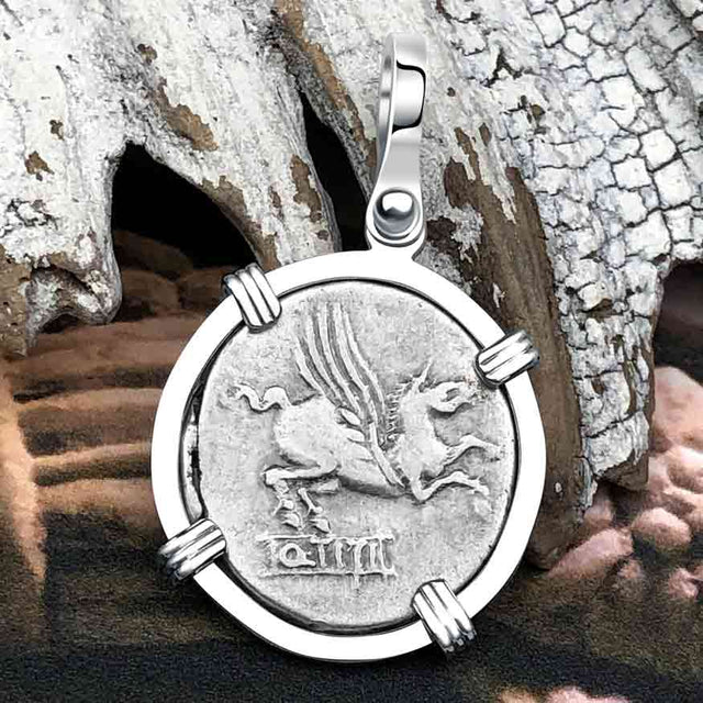 Roman Republic Silver Denarius 90 BC Pegasus 14K White Gold Pendant