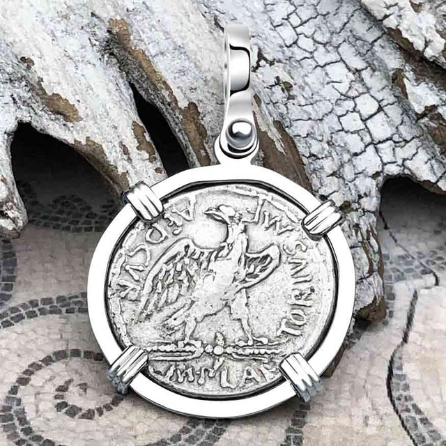 Roman Republic Silver Denarius 67 BC Vacuna & the Eagle 14K White Gold Pendant