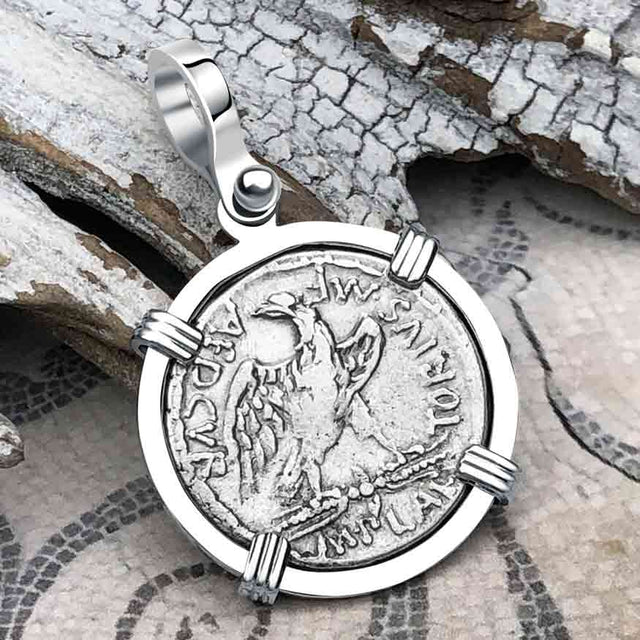 Roman Republic Silver Denarius 67 BC Vacuna & the Eagle 14K White Gold Pendant