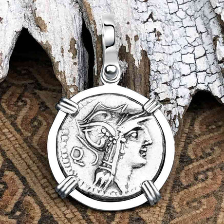 Roman Republic Roma & Victory Silver Denarius 91 BC 14K White Gold Pendant