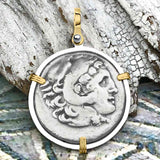 Ancient Greek Alexander the Great LARGE Silver Tetradrachm Coin 14K Gold and Sterling Silver Pendant