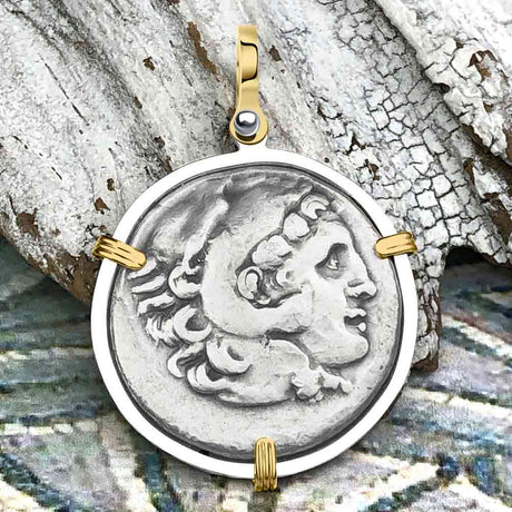 Ancient Greek Alexander the Great LARGE Silver Tetradrachm Coin 14K Gold and Sterling Silver Pendant